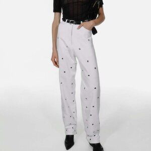 Chakshyn Designer Grommet Silver/White Straight Leg Pants 100% Cotton